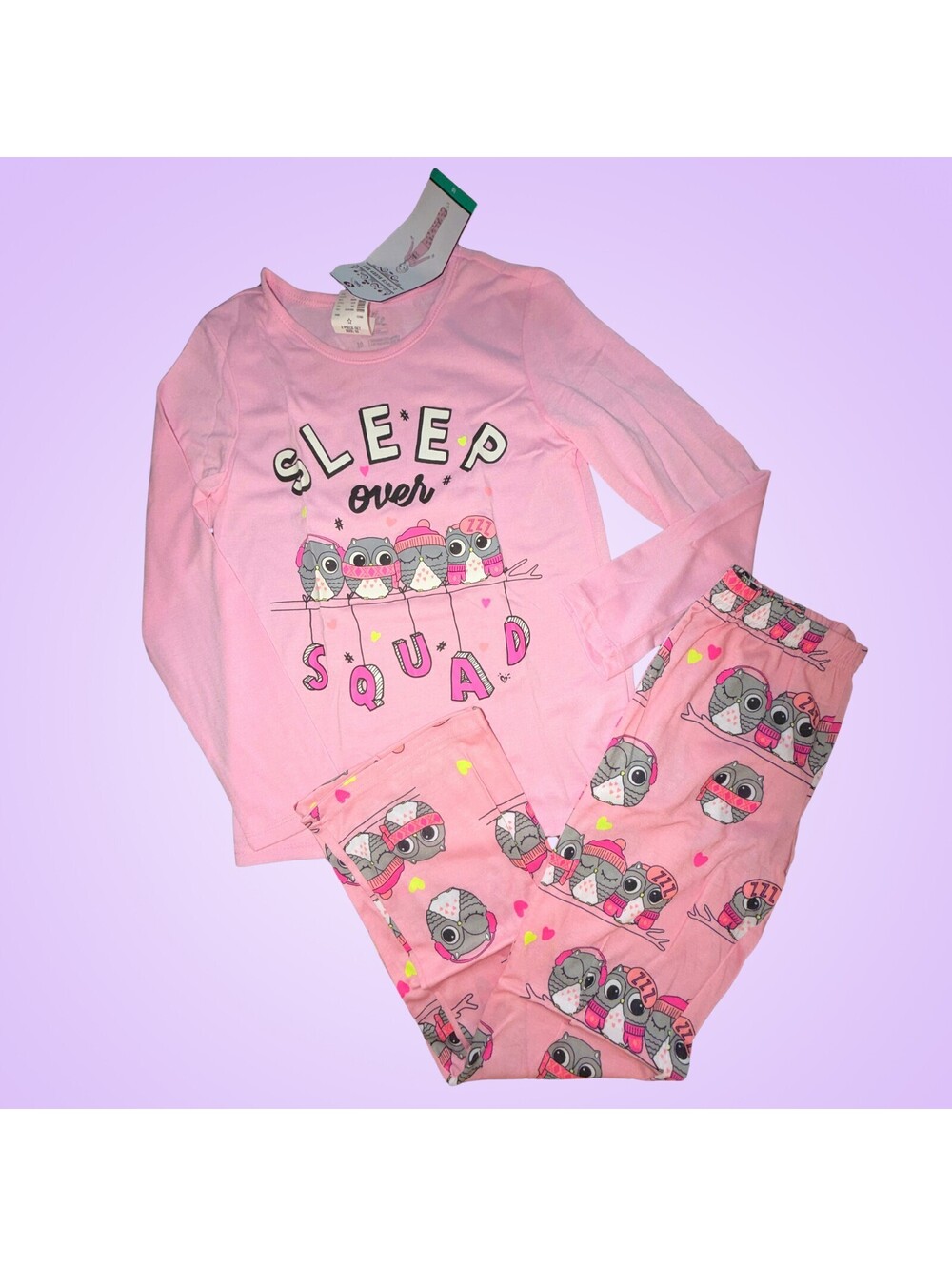 NWT Justice Girls Size 10 Sleep Over Squad Owl 2-Piece Pajama Set Pink